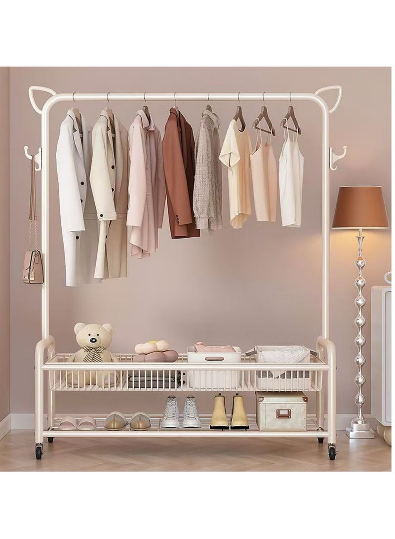 Rolling Garment Rack with Storage Basket, Metal Clothing Stand with Wheels, Sturdy Metal Frame, Adjustable Rod, Space-Saving Design, White - Image 3